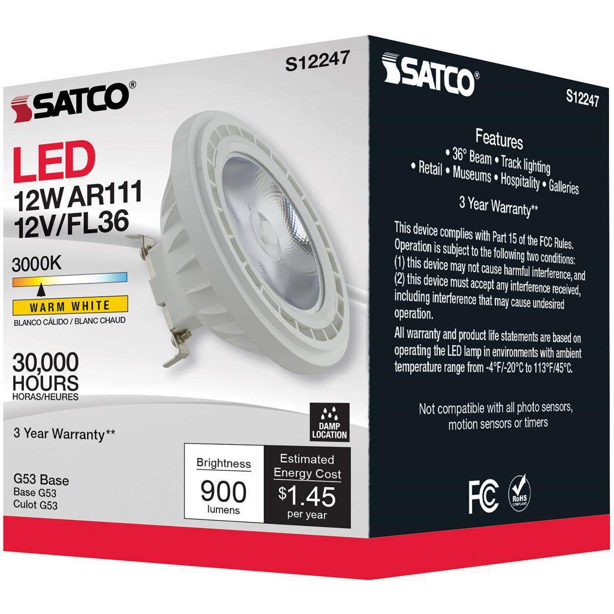 AR111 LED Bulb, 12 Watts, 900 Lumens, 3000K, G53 Base, 36° Narrow Flood, 12V - Bees Lighting