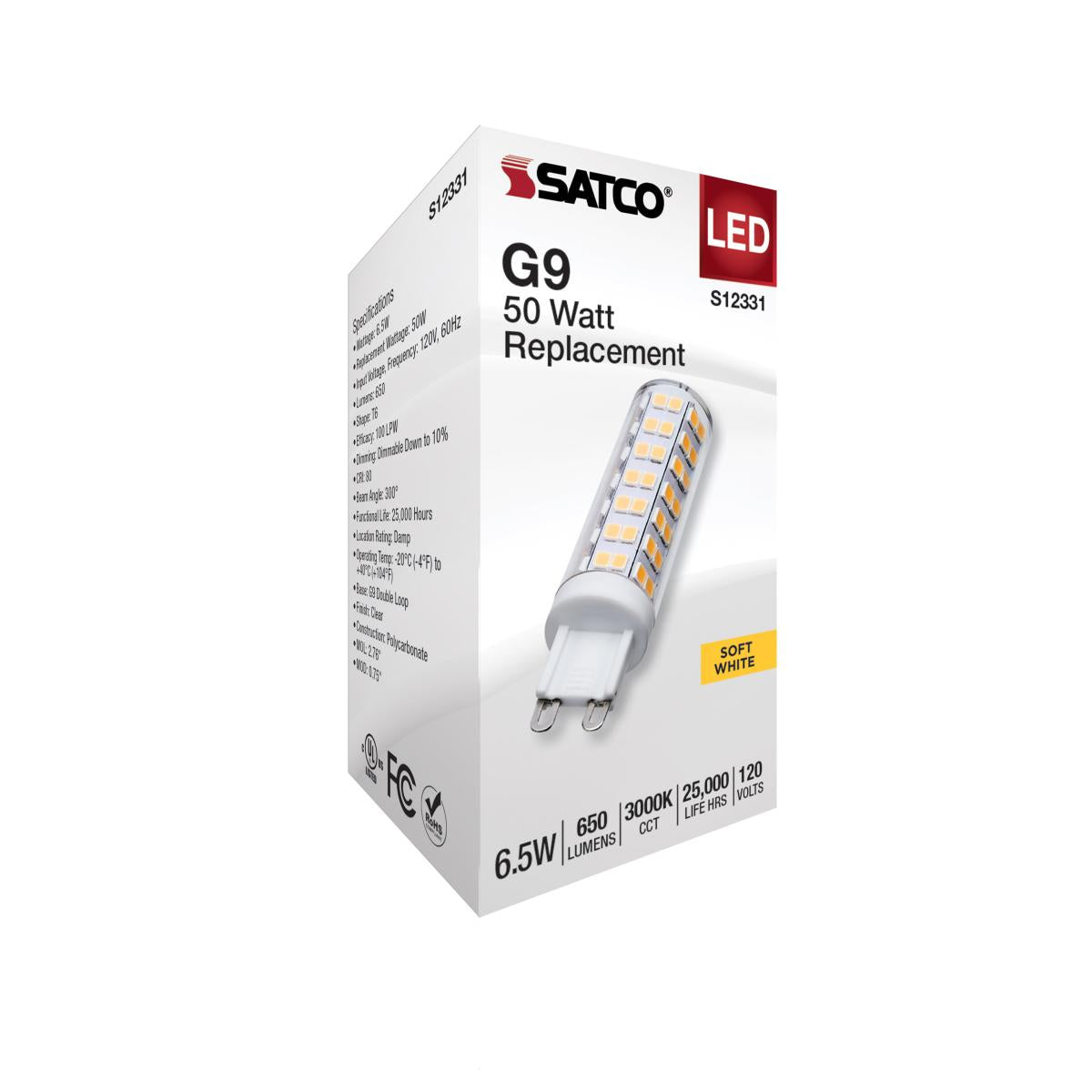 T6 Mini LED Bulb, 6.5 Watts, 650 Lumens, 3000K, G9 Base, Clear Finish, 120V