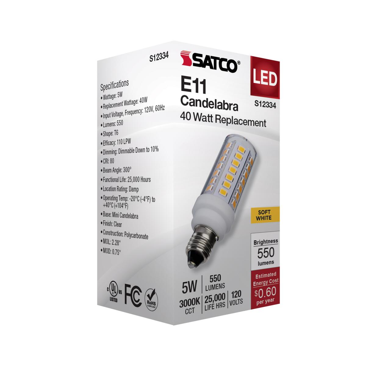 T6 Mini LED Bulb, 5 Watts, 550 Lumens, 3000K, E11 Mini-Candelabra Base, Clear Finish, 120V