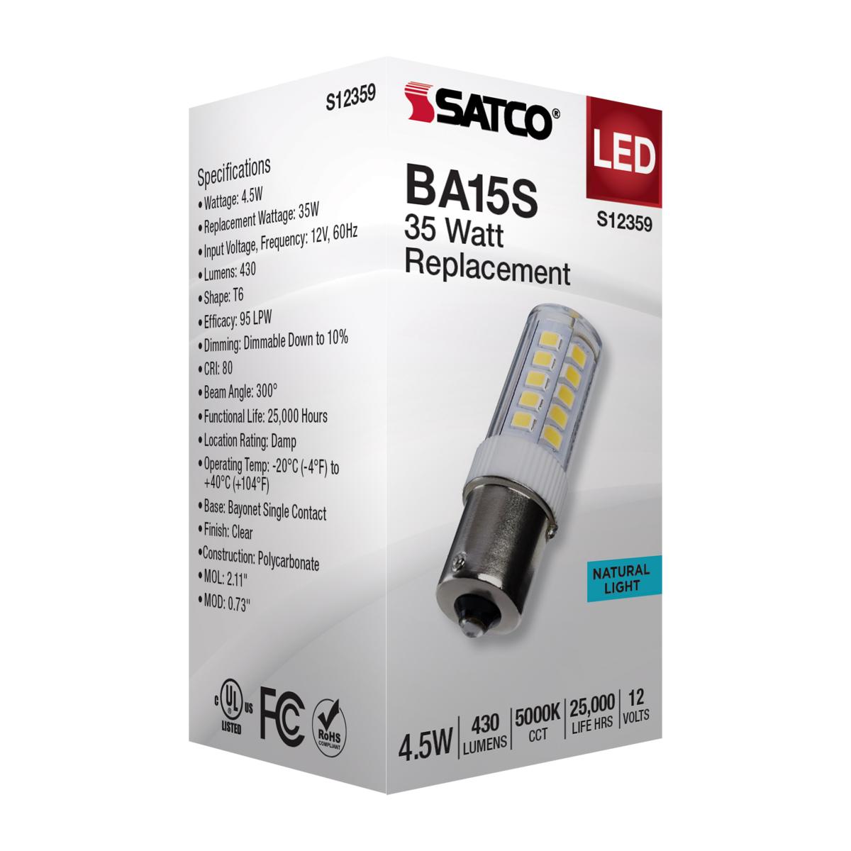 T6 Mini LED Bulb, 4.5 Watts, 430 Lumens, 5000K, BA15s Single Bayonet Base, Clear Finish, 12V