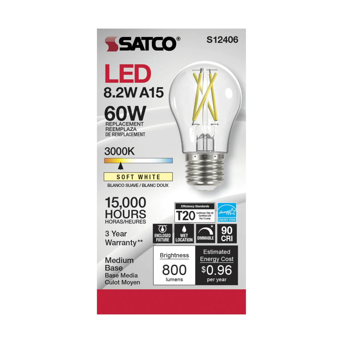 A15 LED Filament Bulb, 8 Watts, 800 Lumens, 3000K, 90+ CRI, E26 Medium Base, Clear Finish