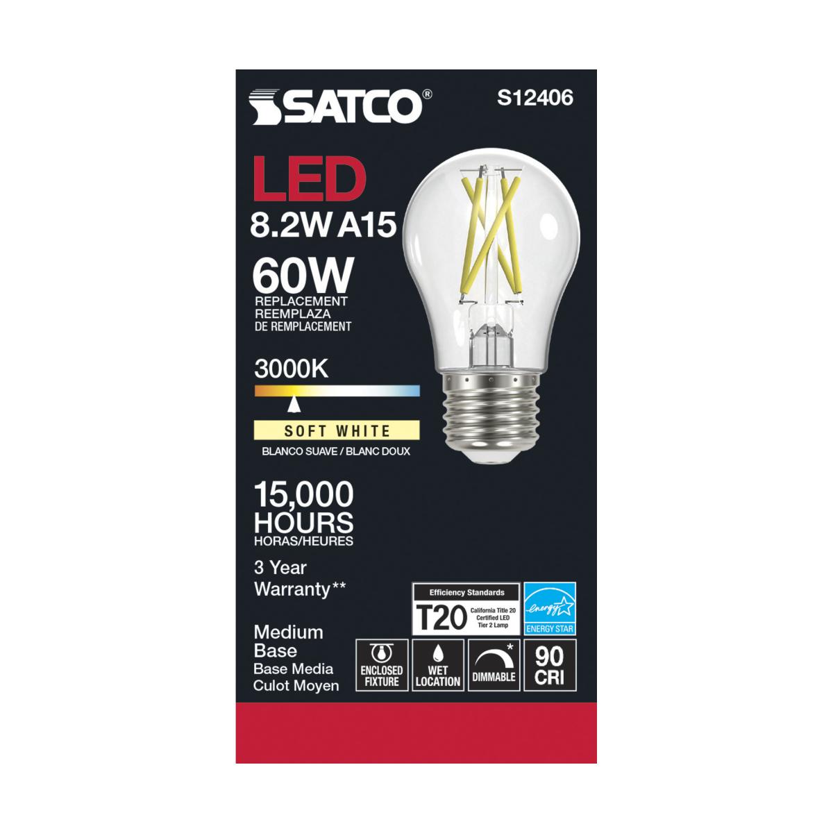 A15 LED Filament Bulb, 8 Watts, 800 Lumens, 3000K, 90+ CRI, E26 Medium Base, Clear Finish