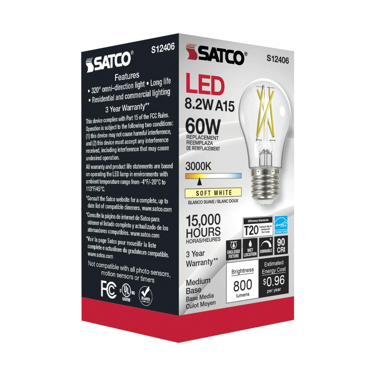 A15 LED Filament Bulb, 8 Watts, 800 Lumens, 3000K, 90+ CRI, E26 Medium Base, Clear Finish