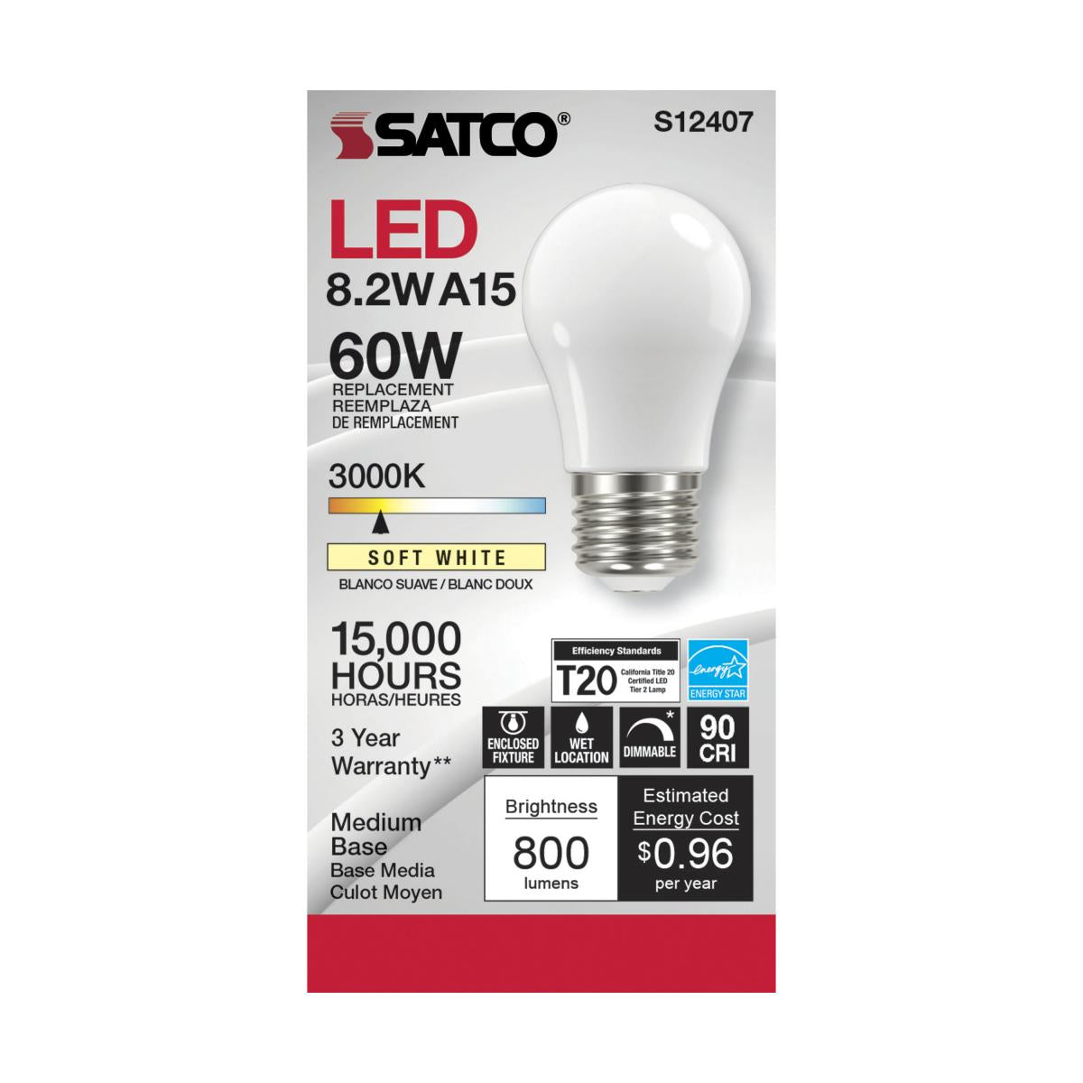 A15 LED Standard Bulb, 8 Watts, 800 Lumens, 3000K, 90+ CRI, E26 Medium Base, Frosted Finish