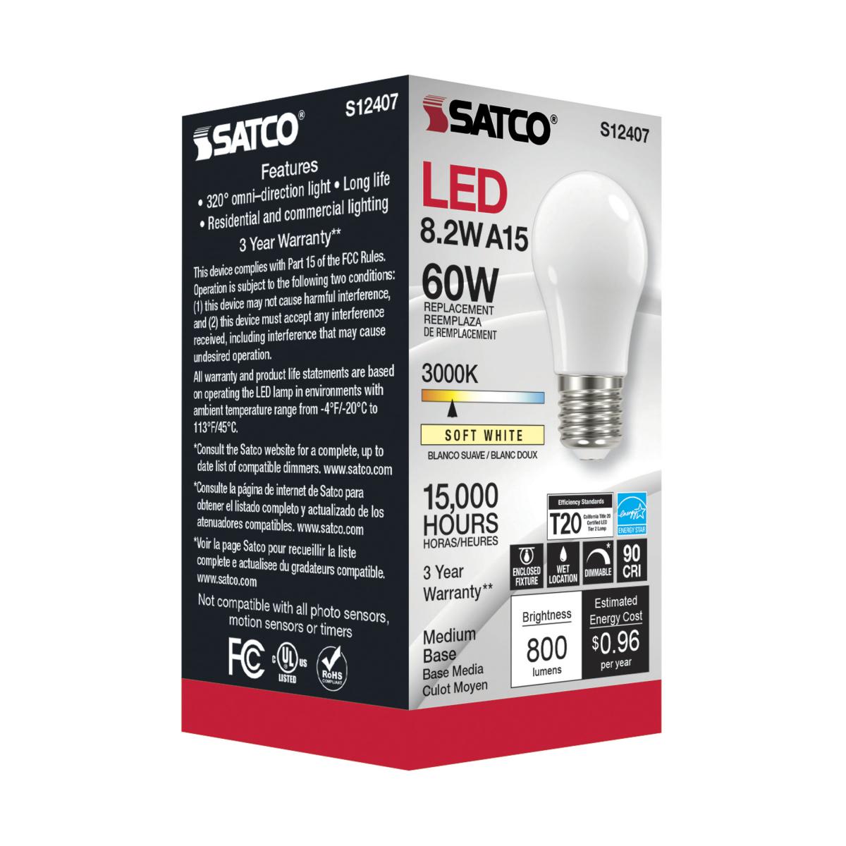 A15 LED Standard Bulb, 8 Watts, 800 Lumens, 3000K, 90+ CRI, E26 Medium Base, Frosted Finish