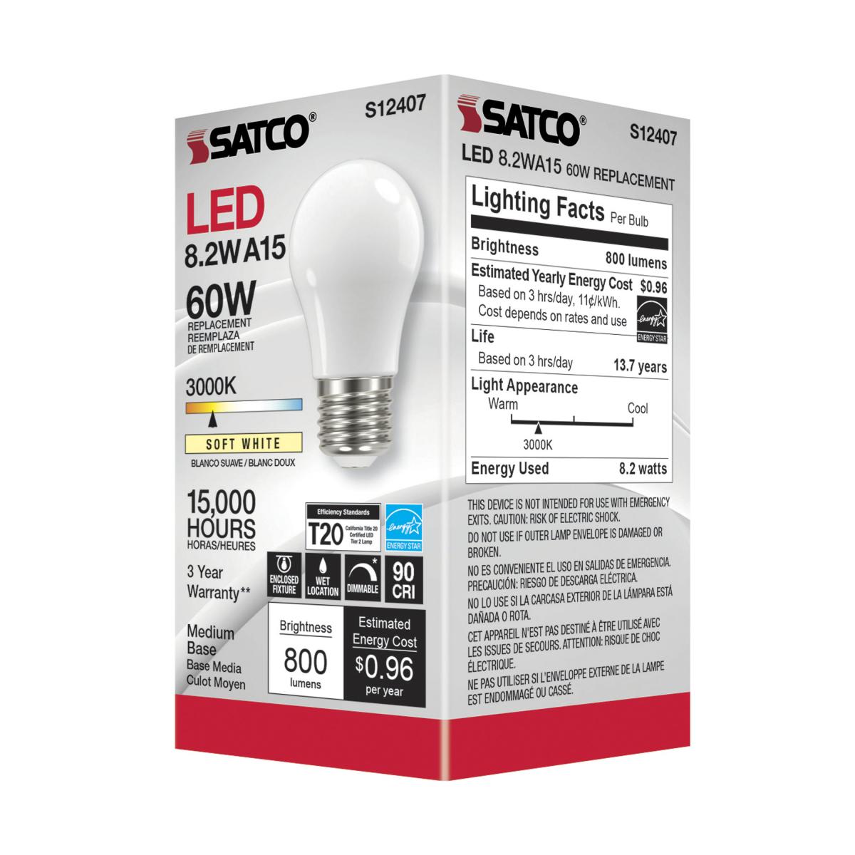 A15 LED Standard Bulb, 8 Watts, 800 Lumens, 3000K, 90+ CRI, E26 Medium Base, Frosted Finish