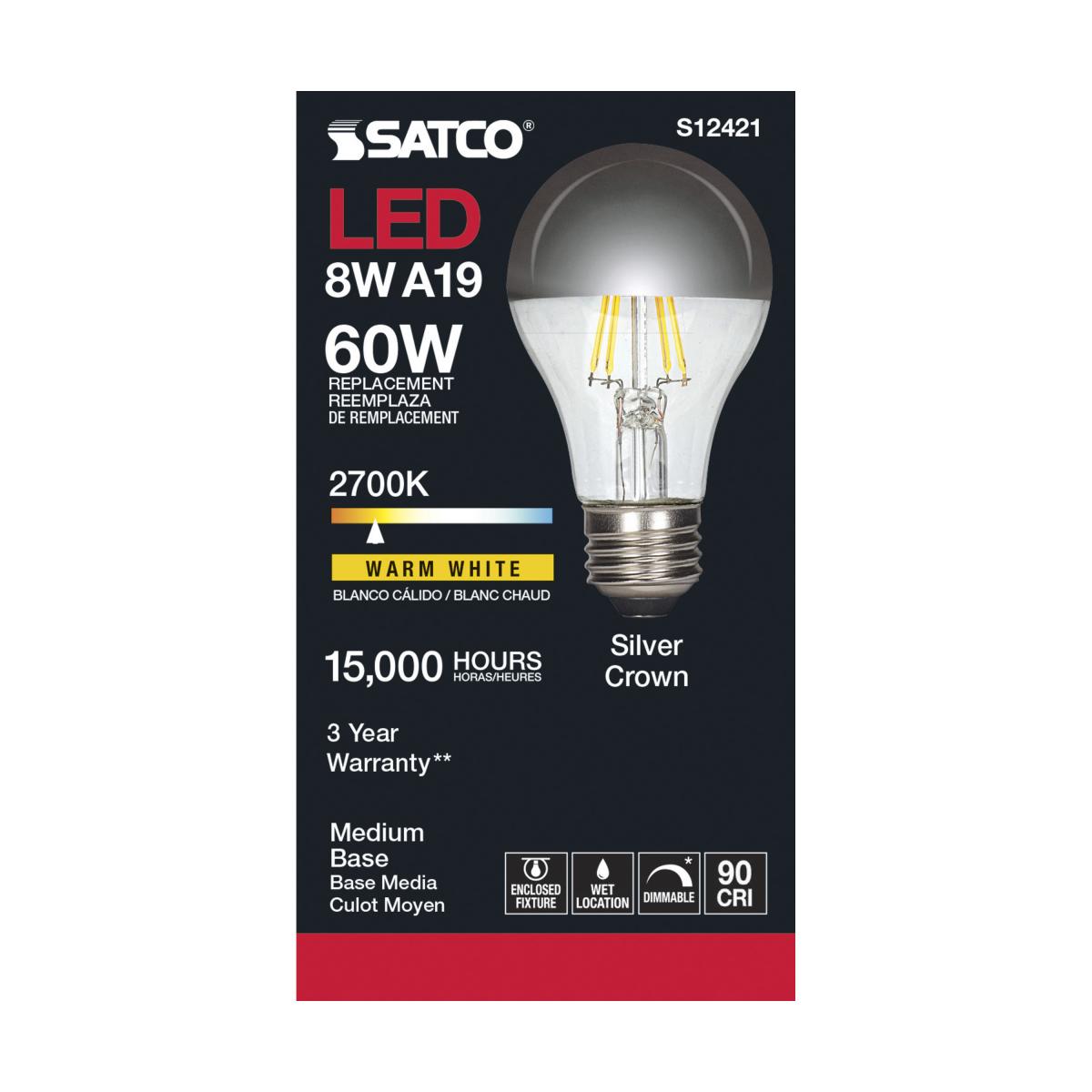 Silver Crown A19 LED Filament Bulb, 6 Watts, 650 Lumens, 2700K, 60W Equal, E26 Medium Base