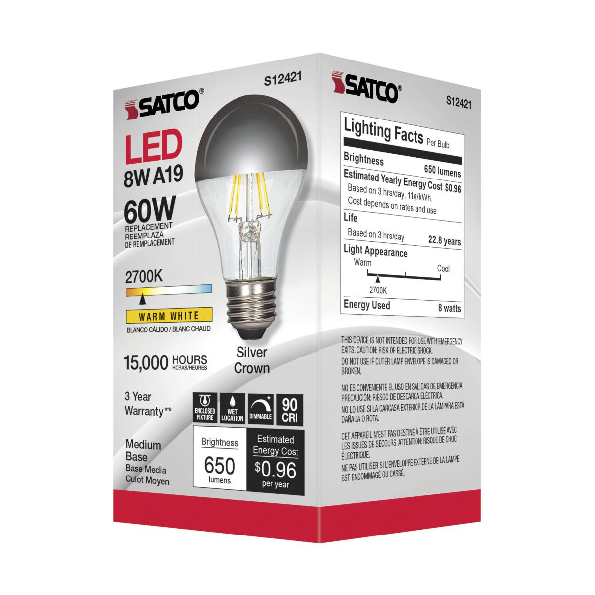 Silver Crown A19 LED Filament Bulb, 6 Watts, 650 Lumens, 2700K, 60W Equal, E26 Medium Base