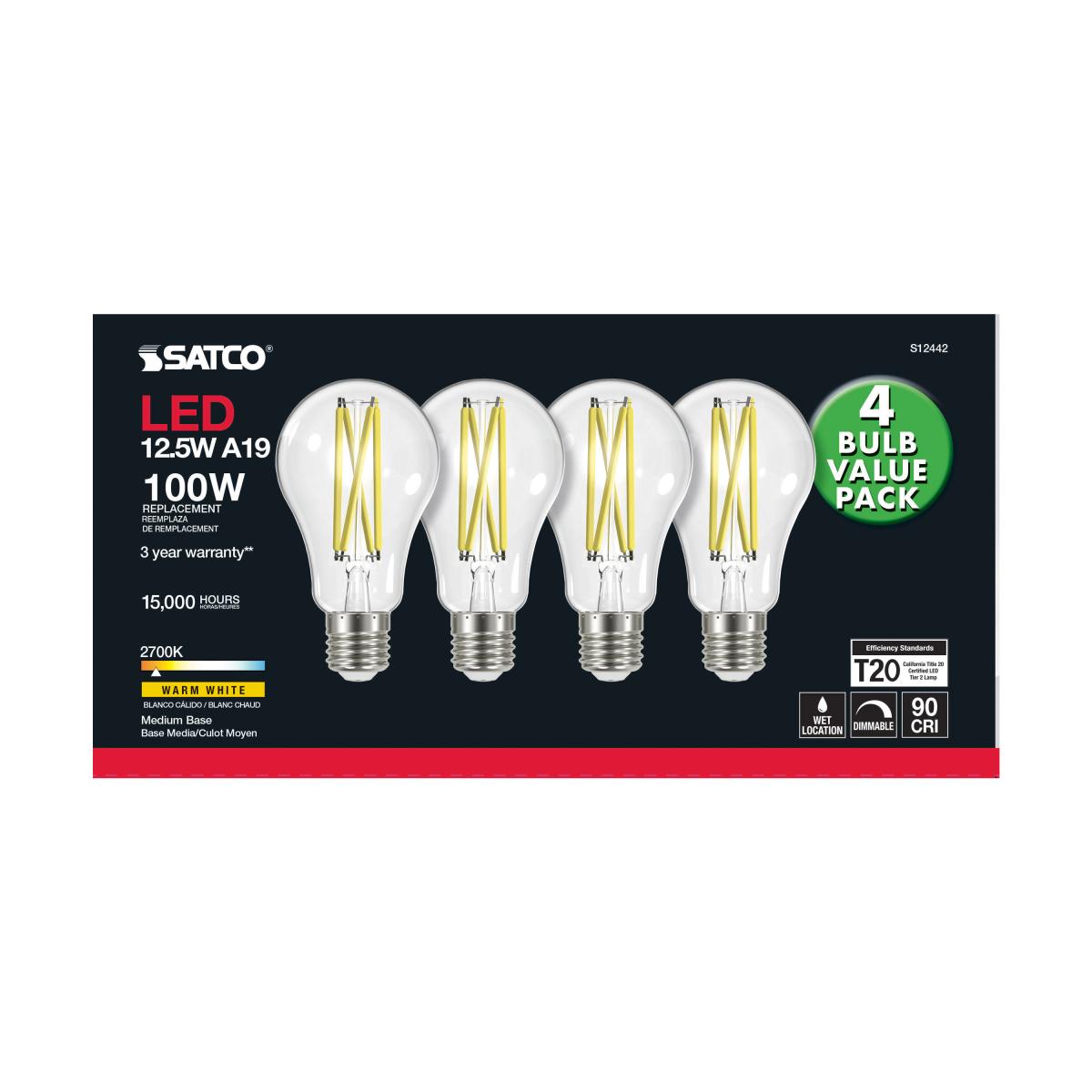 A19 LED Filament Bulb, 100W Equal, 13 Watts, 1500 Lumens, 2700K, E26 Medium Base, Clear, Pack of 4