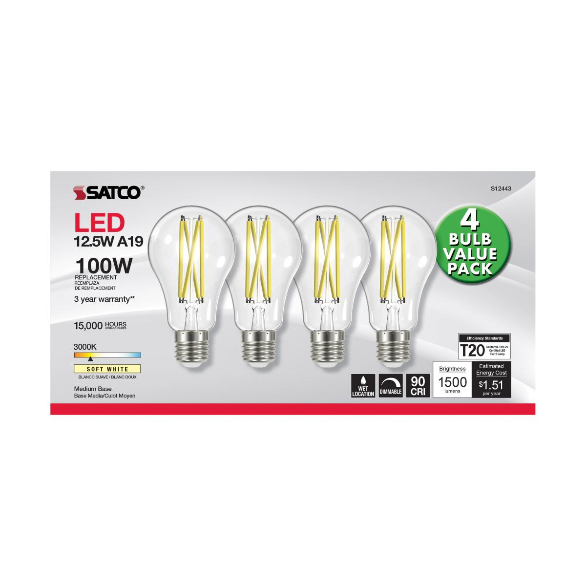 A19 LED Filament Bulb, 100W Equal, 13 Watts, 1500 Lumens, 3000K, E26 Medium Base, Clear, Pack of 4