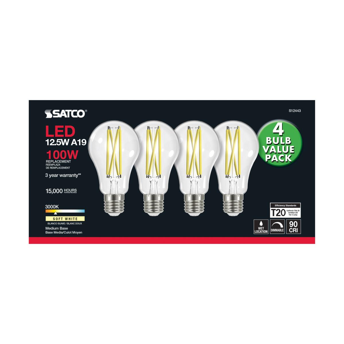 A19 LED Filament Bulb, 100W Equal, 13 Watts, 1500 Lumens, 3000K, E26 Medium Base, Clear, Pack of 4