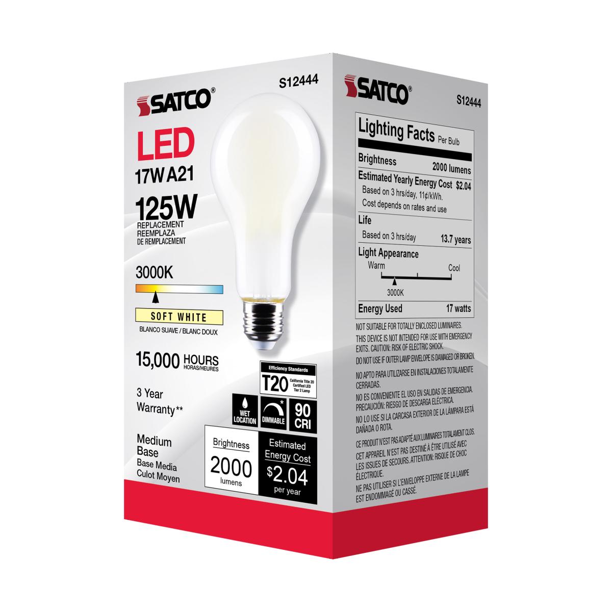 A21 High Lumen LED Lamp, 17 Watts, 2000 Lumens, 3000K, 125W Equal, E26 Base, Frosted