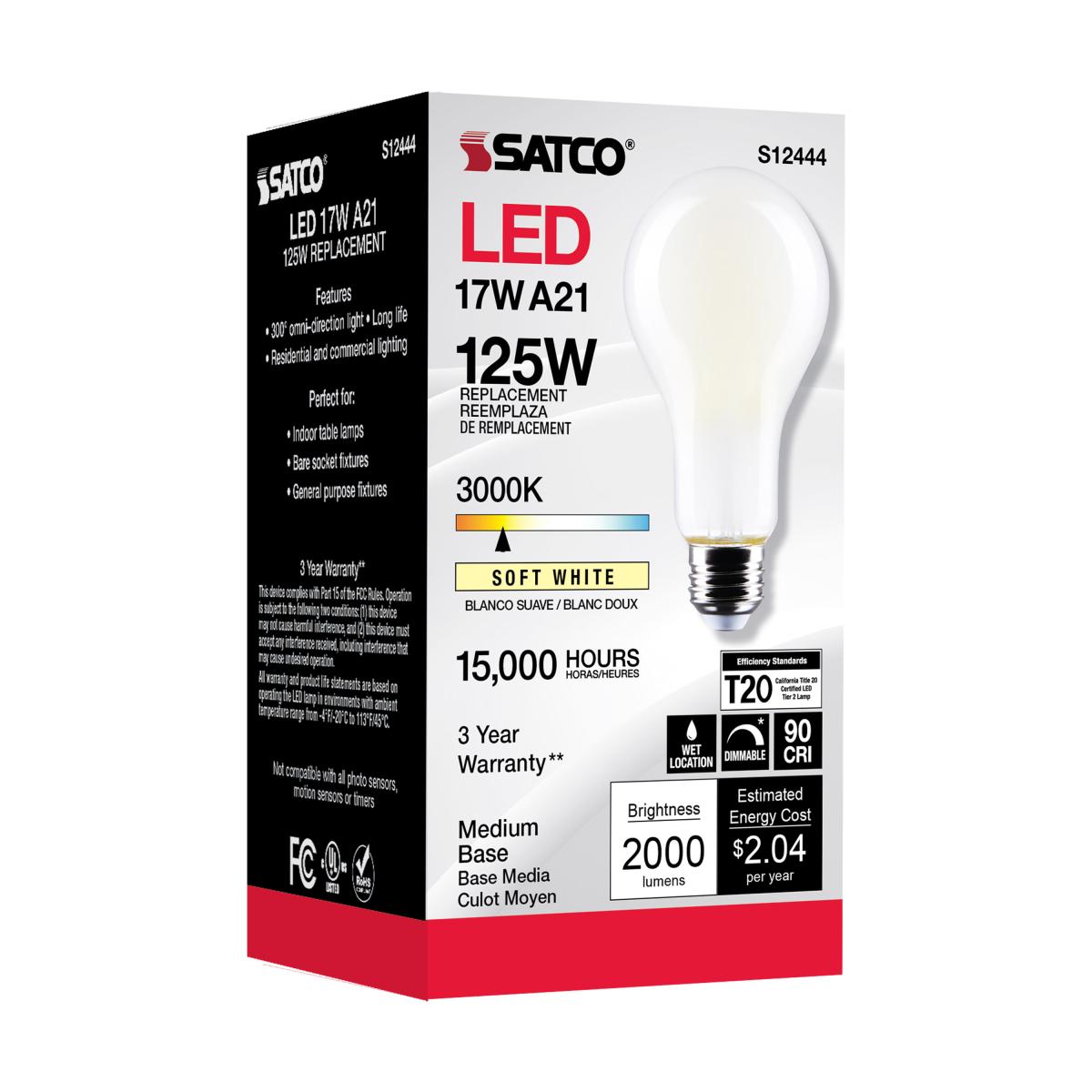 A21 High Lumen LED Lamp, 17 Watts, 2000 Lumens, 3000K, 125W Equal, E26 Base, Frosted