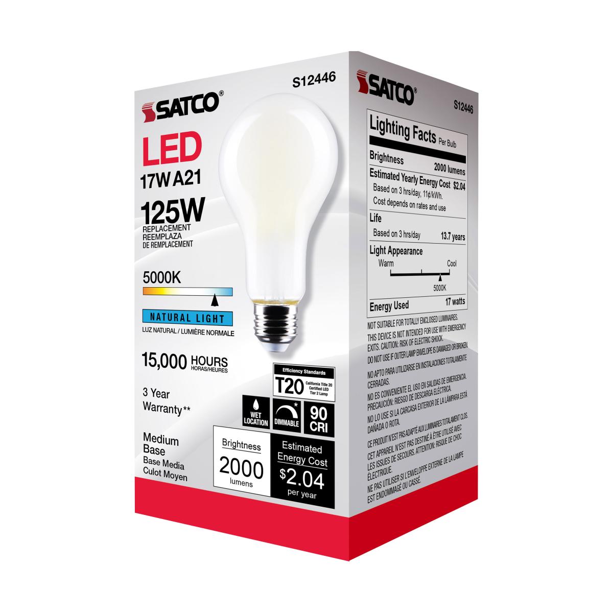 A21 High Lumen LED Lamp, 17 Watts, 2000 Lumens, 5000K, 125W Equal, E26 Base, Frosted