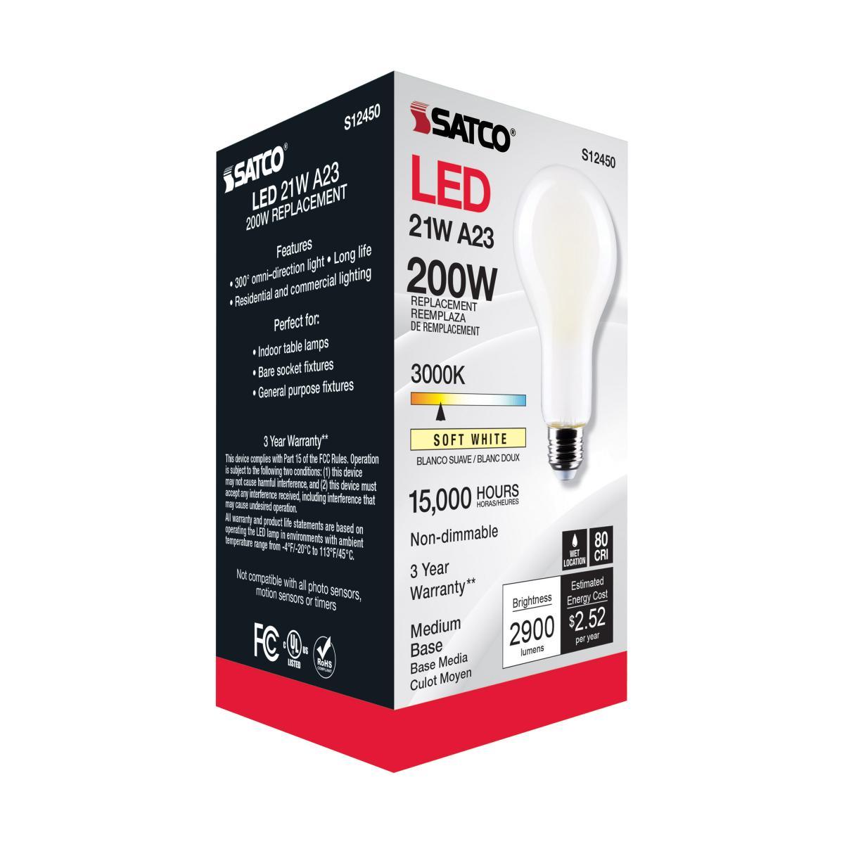 A23 High Lumen LED Lamp, 21 Watts, 2900 Lumens, 3000K, 200W Equal, E26 Base, Frosted - Bees Lighting