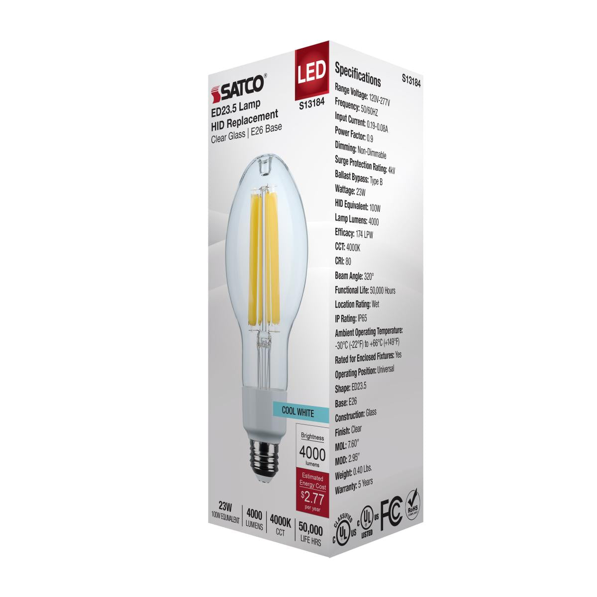 ED23 High Lumen LED Bulb, 23 Watts, 4000 Lumens, 4000K, 100W MH Equal, E26 Base, Clear, 120-277V