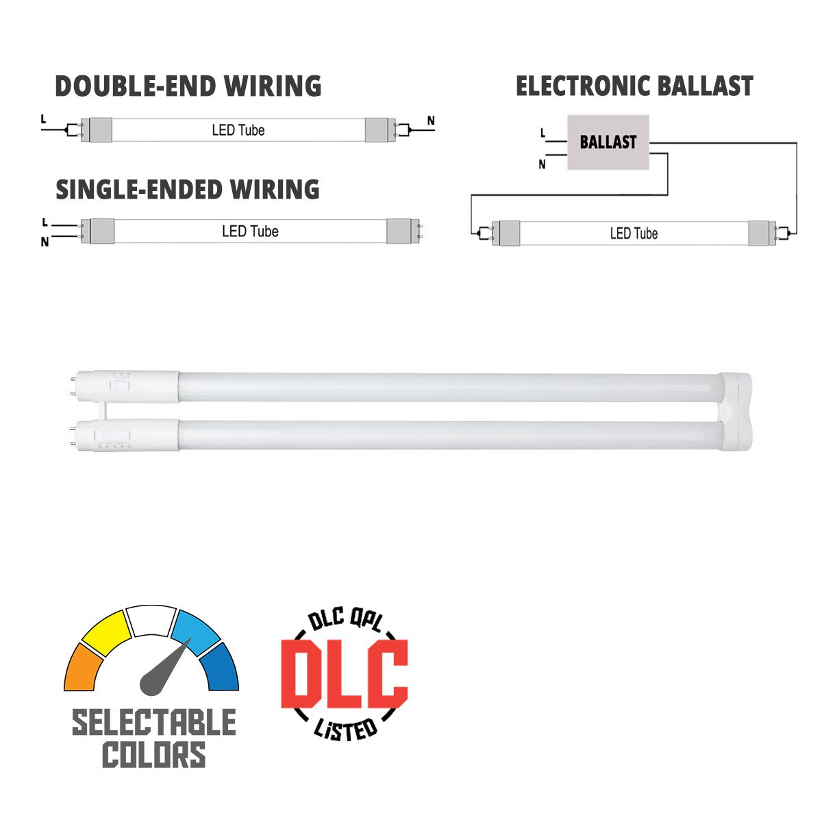 T8 U Bend LED Bulb U1, 12W|13W|15W, 2200lm, 3000K to 6500K, Type A+B, Single|Dual End