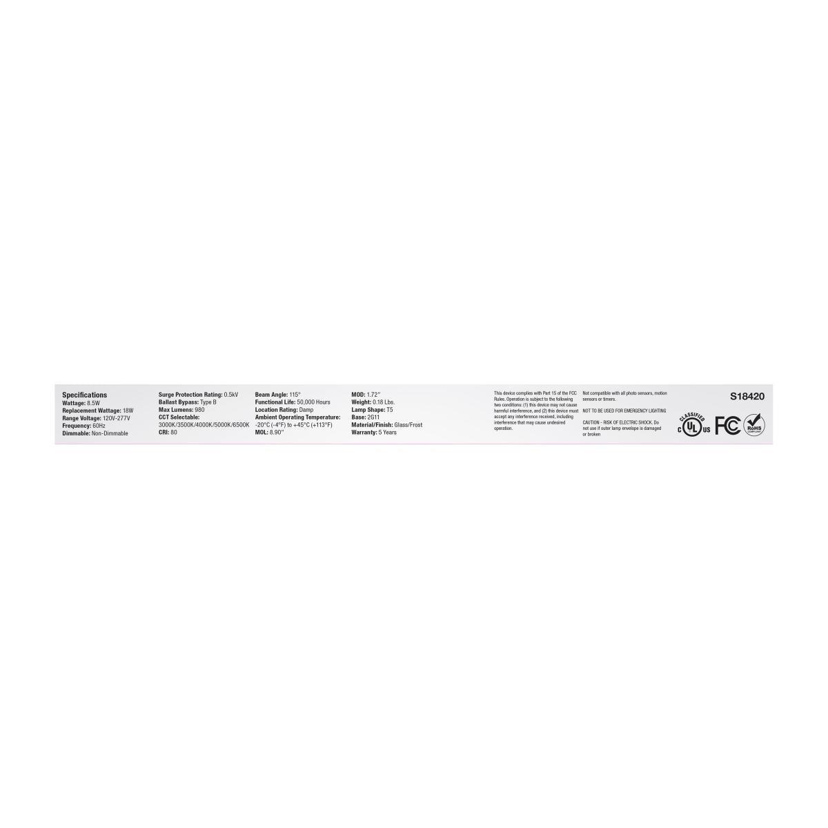 4 Pin PLL LED Bulb, 8.5 Watts, 1000lm, 18W CFL Equal, 3000K to 6500K, 2G11 Base, Ballast Bypass - Bees Lighting