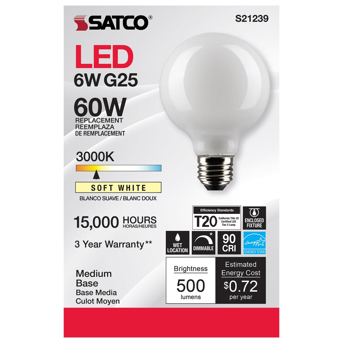 G25 LED Globe Bulb, 6 Watts, 500 Lumens, 60W Equal, 3000K, E26 Medium Base, Frosted Finish