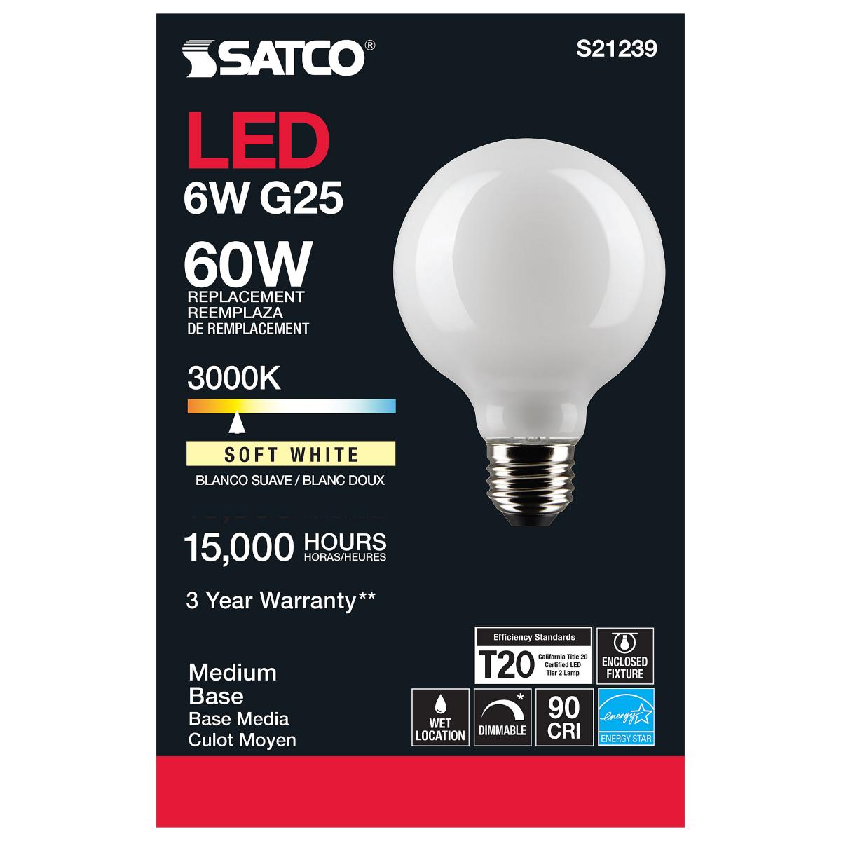 G25 LED Globe Bulb, 6 Watts, 500 Lumens, 60W Equal, 3000K, E26 Medium Base, Frosted Finish