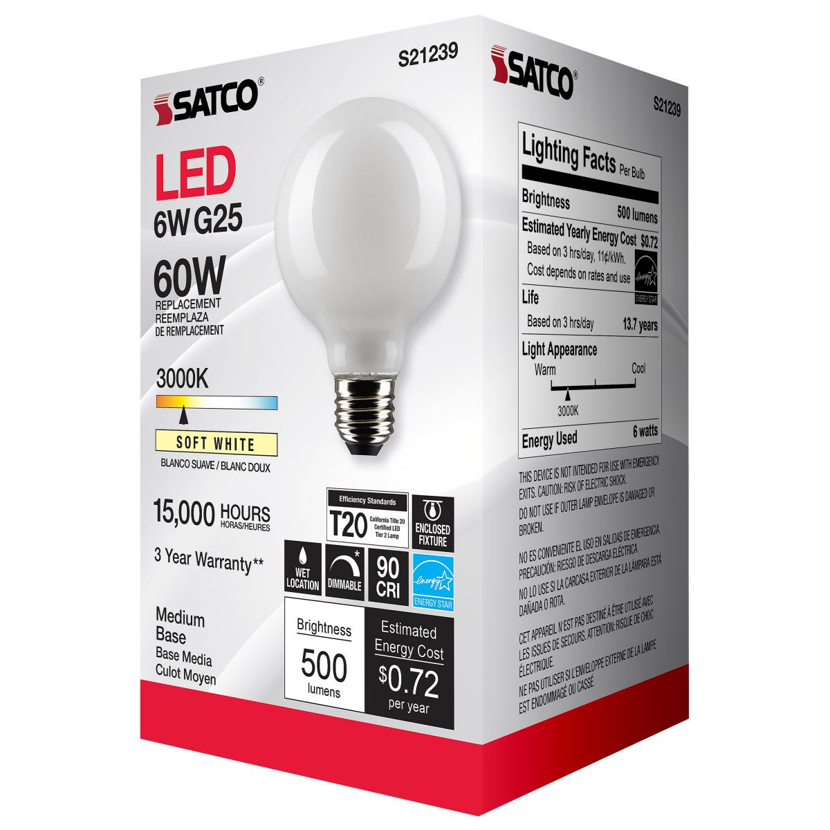 G25 LED Globe Bulb, 6 Watts, 500 Lumens, 60W Equal, 3000K, E26 Medium Base, Frosted Finish