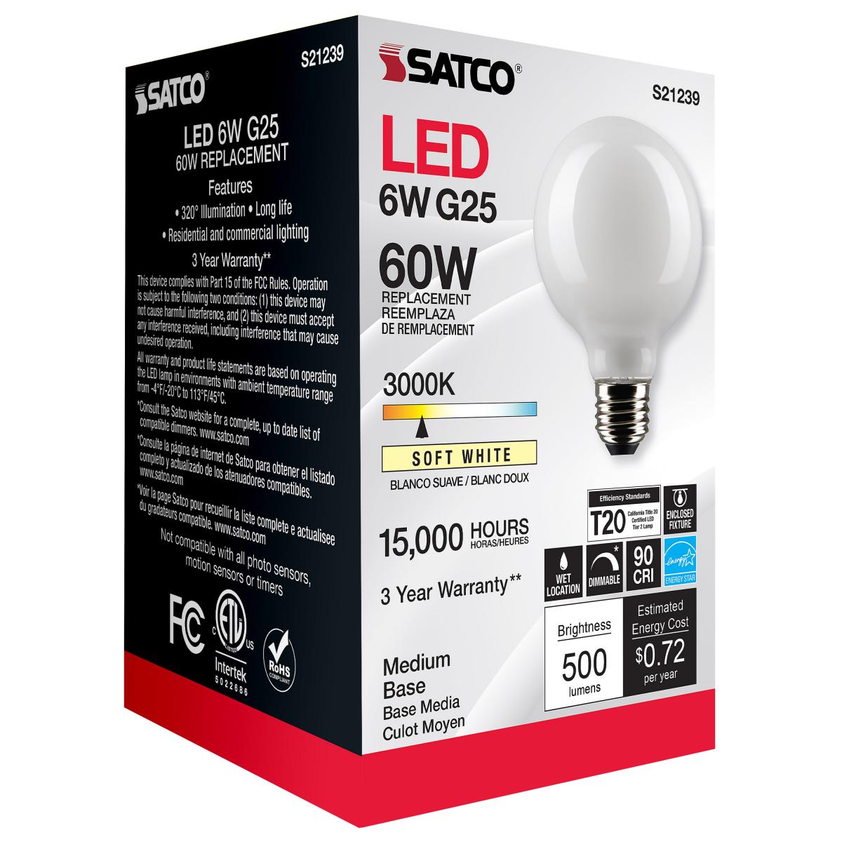 G25 LED Globe Bulb, 6 Watts, 500 Lumens, 60W Equal, 3000K, E26 Medium Base, Frosted Finish