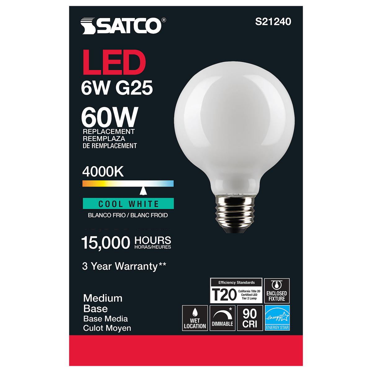 G25 LED Globe Bulb, 6 Watts, 500 Lumens, 60W Equal, 4000K, E26 Medium Base, Frosted Finish