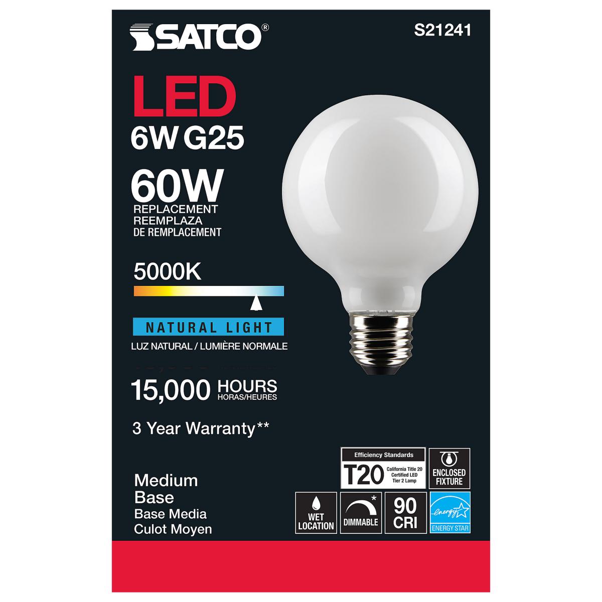 G25 LED Globe Bulb, 6 Watts, 500 Lumens, 60W Equal, 5000K, E26 Medium Base, Frosted Finish