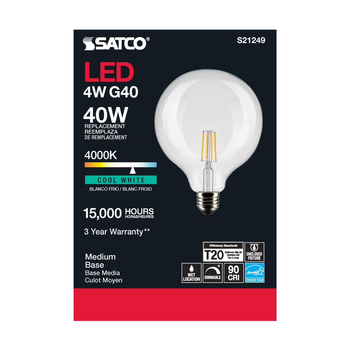 G40 Filament LED Globe Bulb, 4 Watts, 350 Lumens, 40W Equal, 4000K, E26 Medium Base, Clear