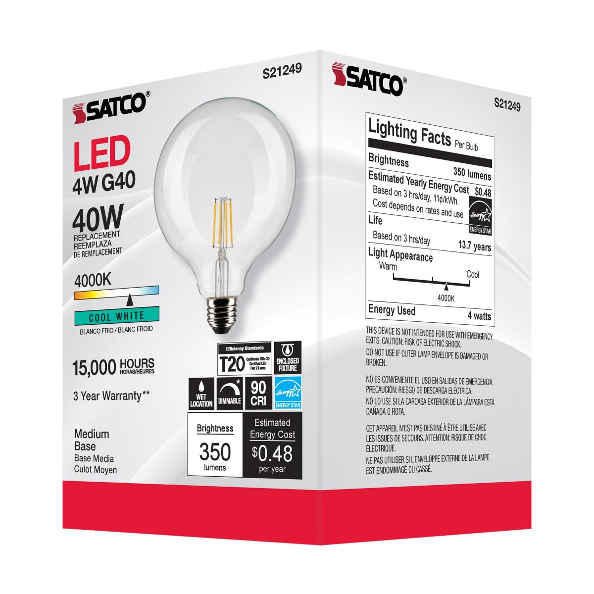 G40 Filament LED Globe Bulb, 4 Watts, 350 Lumens, 40W Equal, 4000K, E26 Medium Base, Clear