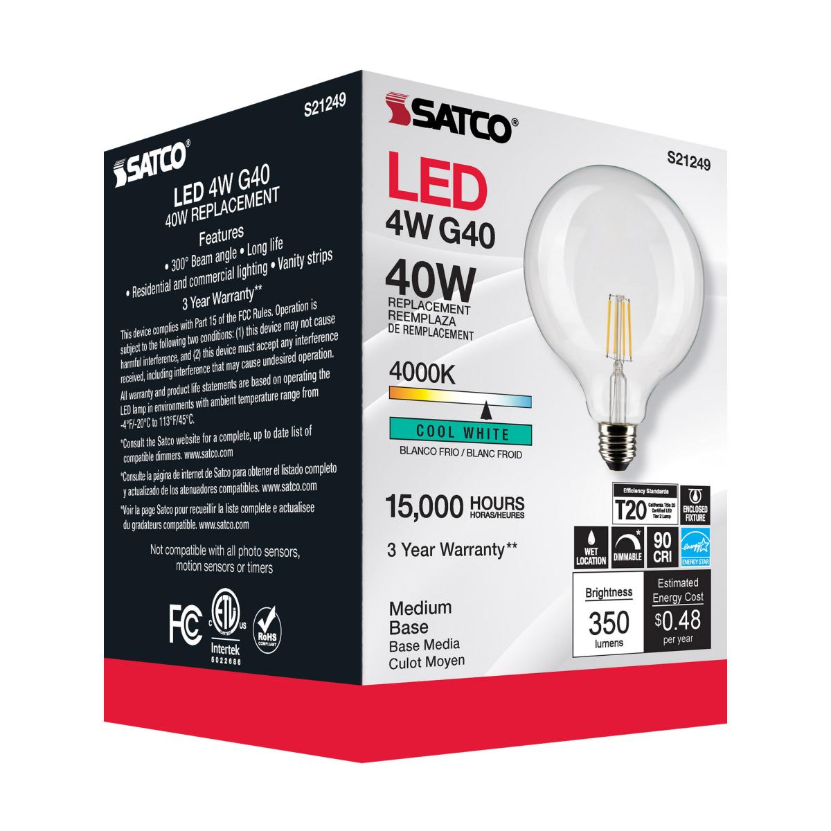 G40 Filament LED Globe Bulb, 4 Watts, 350 Lumens, 40W Equal, 4000K, E26 Medium Base, Clear