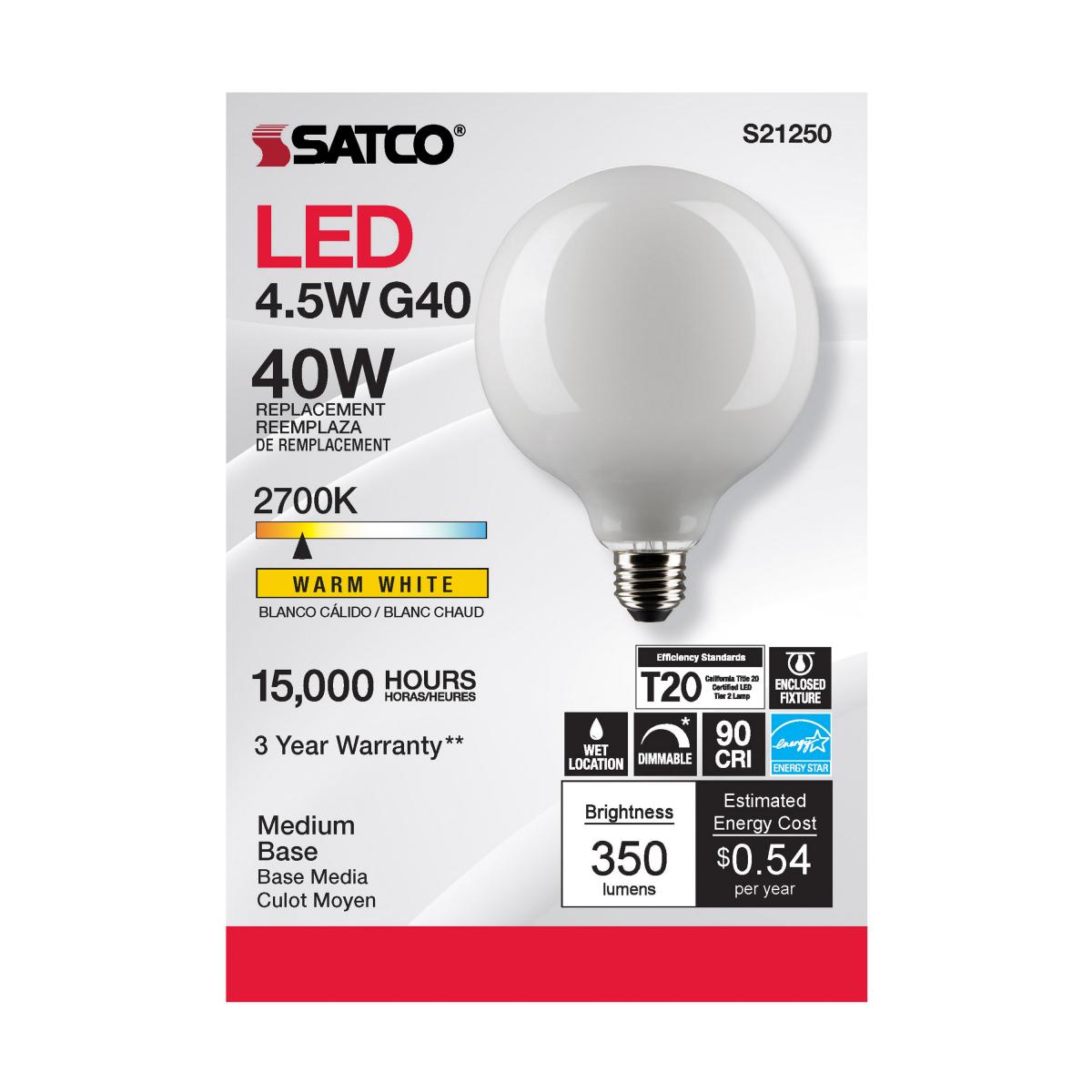 G40 LED Globe Bulb, 5 Watts, 350 Lumens, 40W Equal, 2700K, E26 Medium Base, Frosted