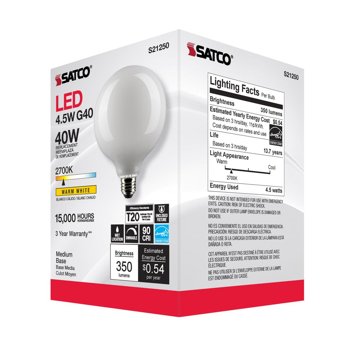 G40 LED Globe Bulb, 5 Watts, 350 Lumens, 40W Equal, 2700K, E26 Medium Base, Frosted