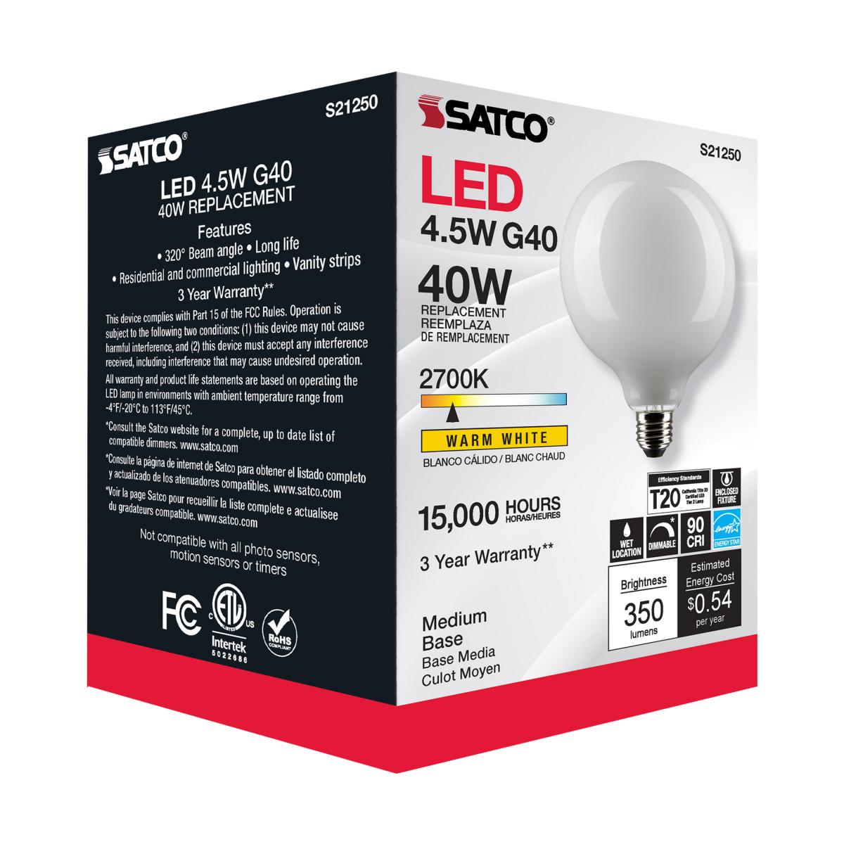 G40 LED Globe Bulb, 5 Watts, 350 Lumens, 40W Equal, 2700K, E26 Medium Base, Frosted