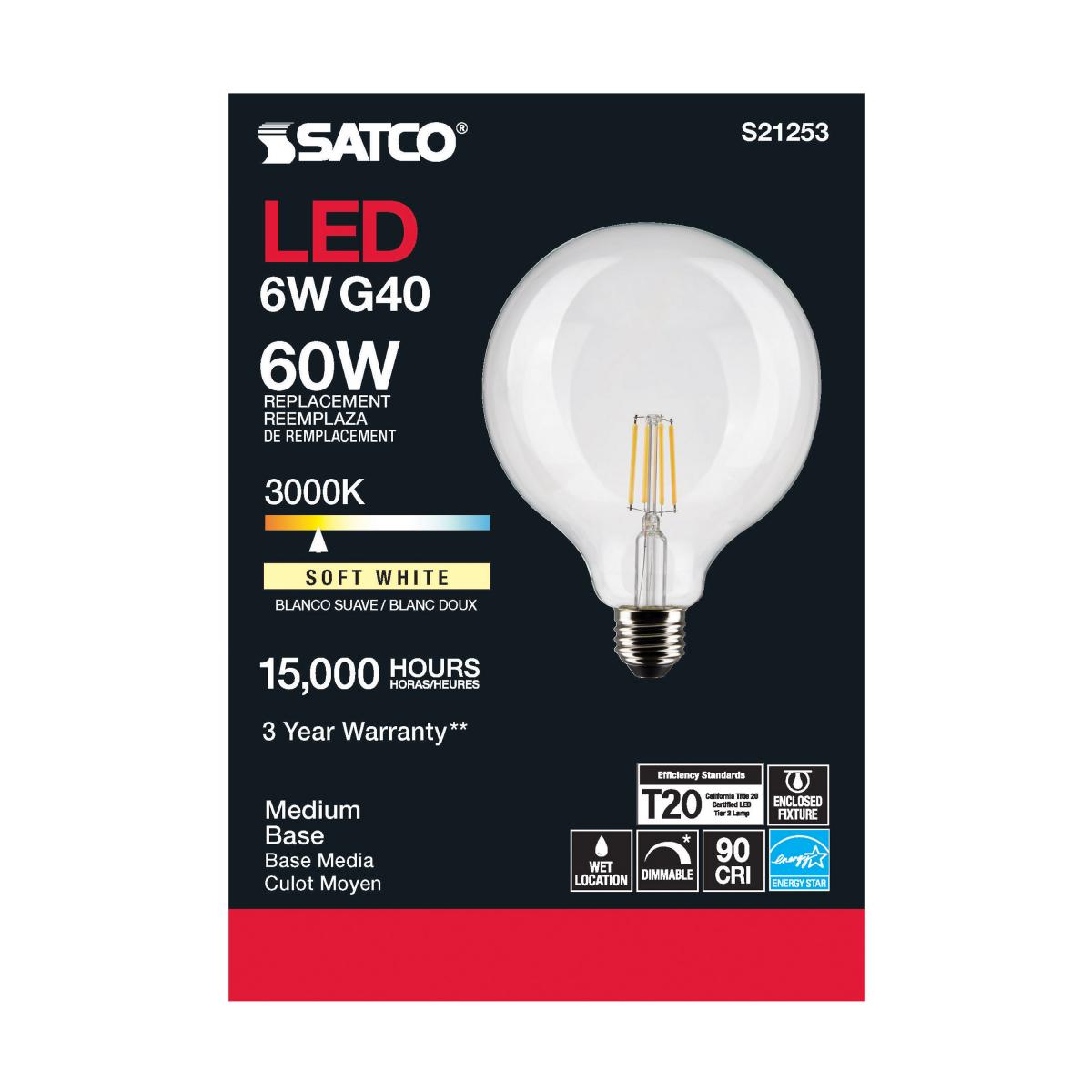 G40 Filament LED Globe Bulb, 6 Watts, 500 Lumens, 60W Equal, 3000K, E26 Medium Base, Clear