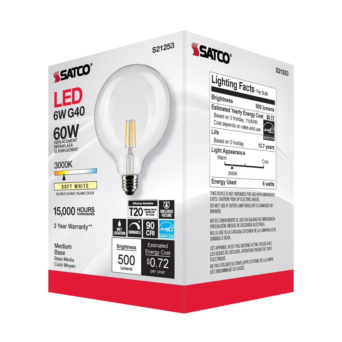 G40 Filament LED Globe Bulb, 6 Watts, 500 Lumens, 60W Equal, 3000K, E26 Medium Base, Clear