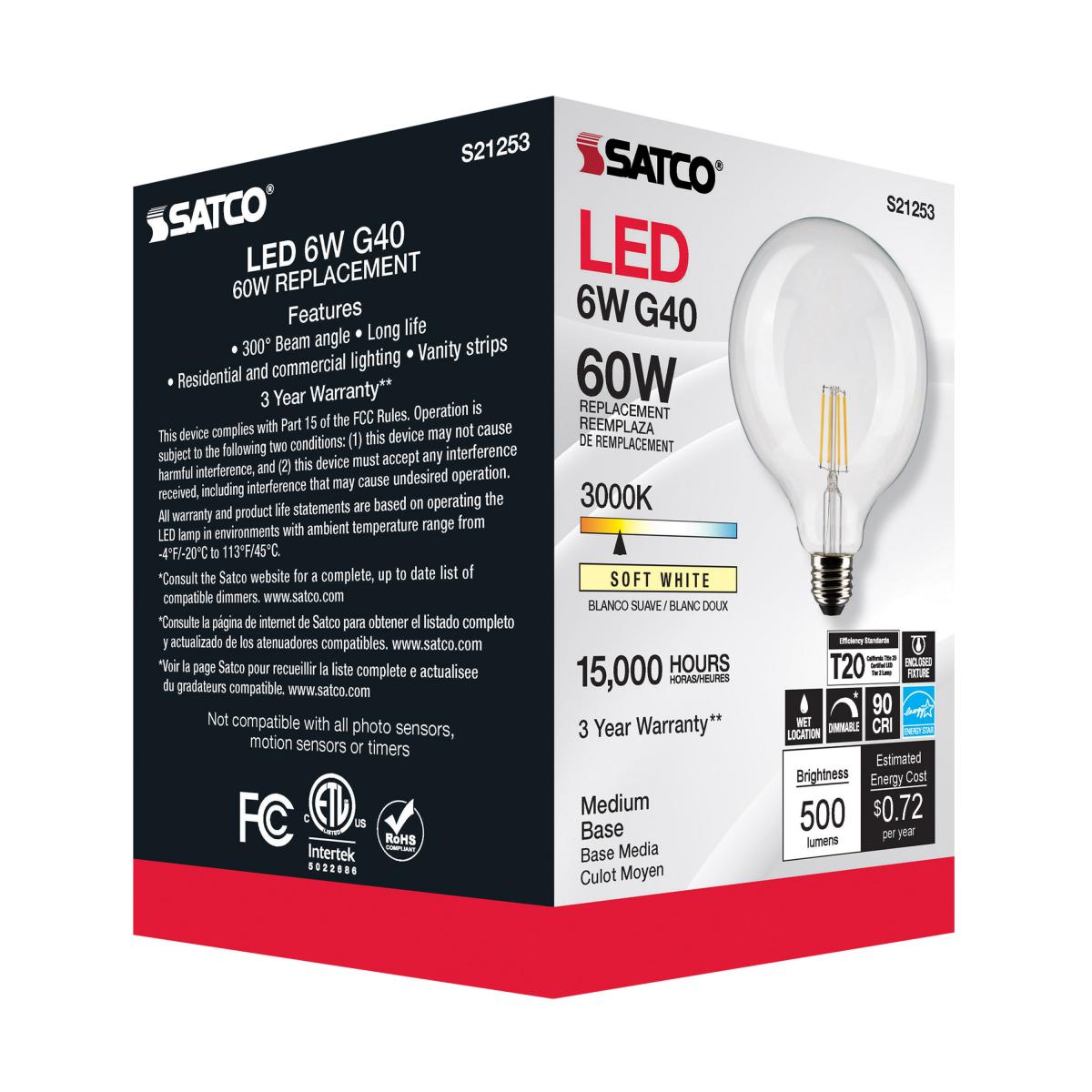 G40 Filament LED Globe Bulb, 6 Watts, 500 Lumens, 60W Equal, 3000K, E26 Medium Base, Clear