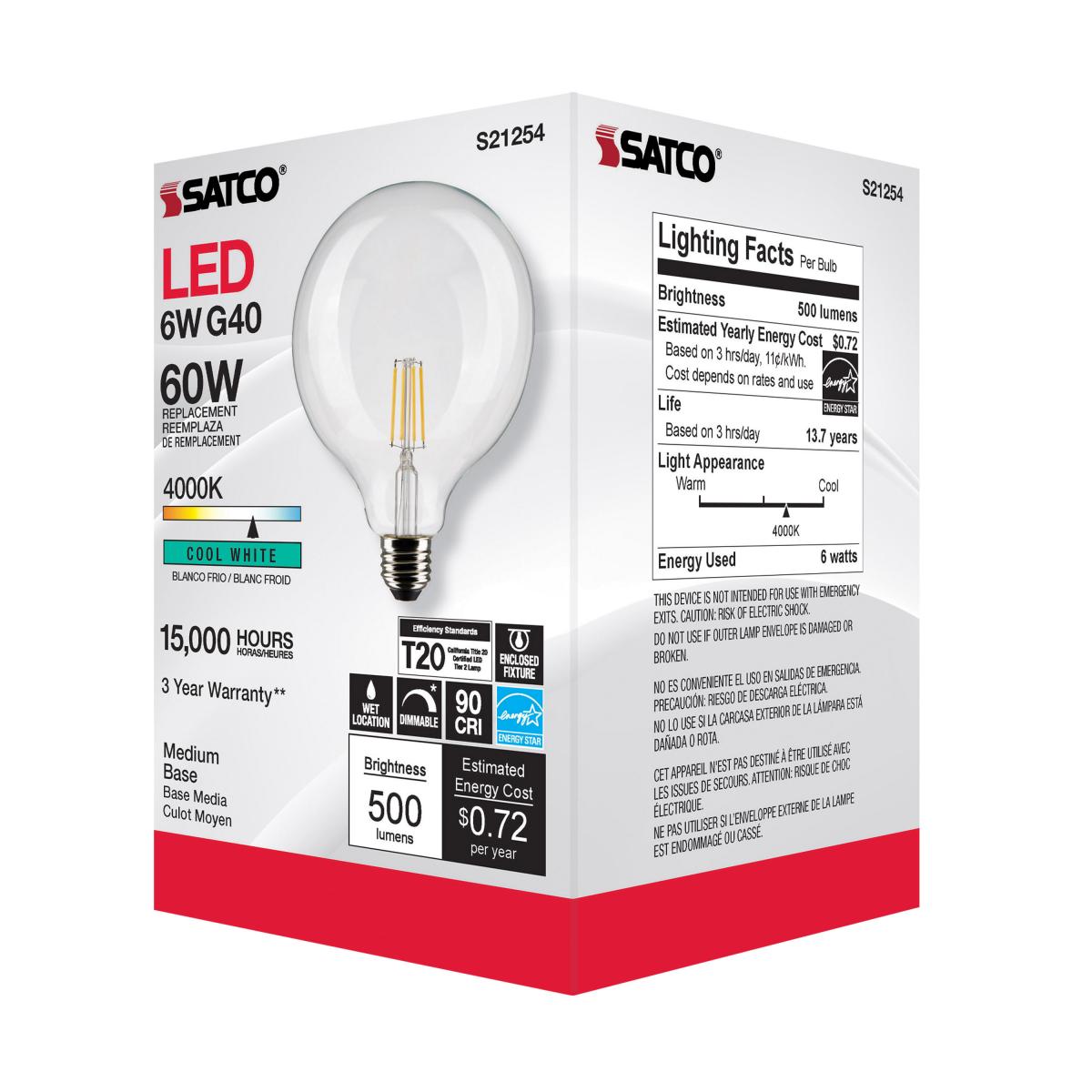 G40 Filament LED Globe Bulb, 6 Watts, 500 Lumens, 60W Equal, 4000K, E26 Medium Base, Clear