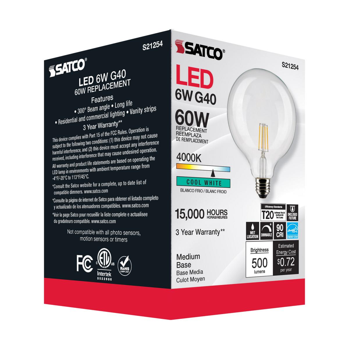 G40 Filament LED Globe Bulb, 6 Watts, 500 Lumens, 60W Equal, 4000K, E26 Medium Base, Clear