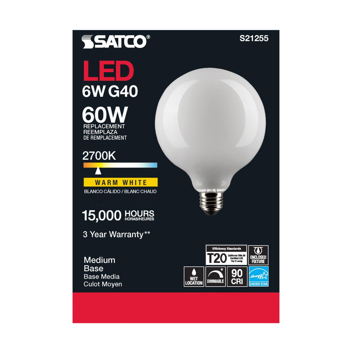 G40 LED Globe Bulb, 6 Watts, 500 Lumens, 60W Equal, 2700K, E26 Medium Base, Frosted