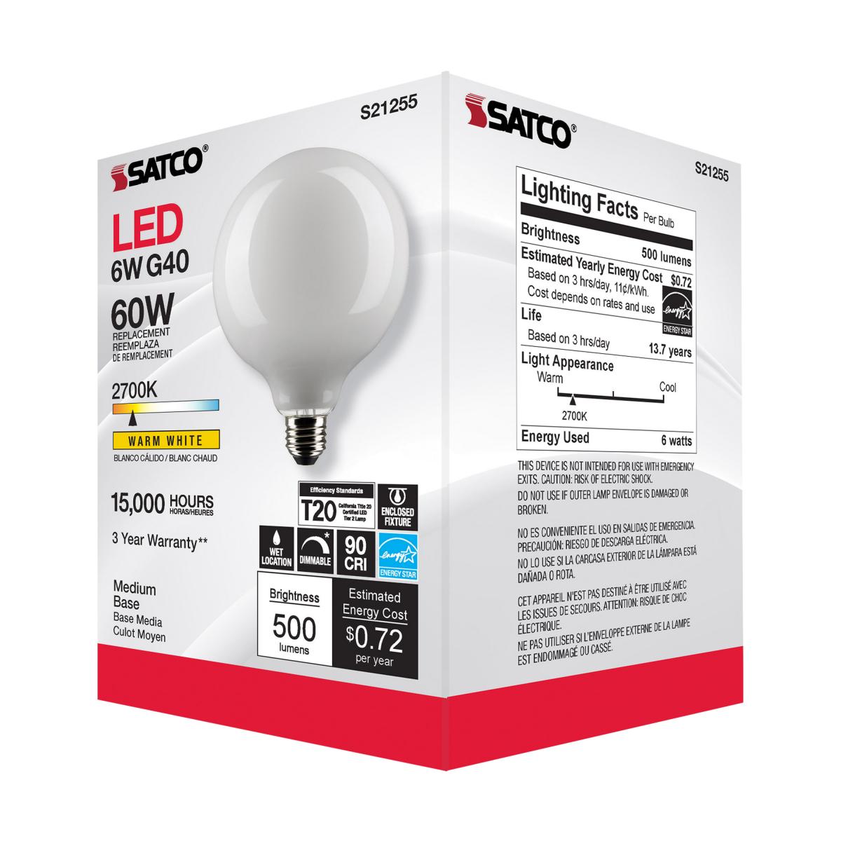 G40 LED Globe Bulb, 6 Watts, 500 Lumens, 60W Equal, 2700K, E26 Medium Base, Frosted