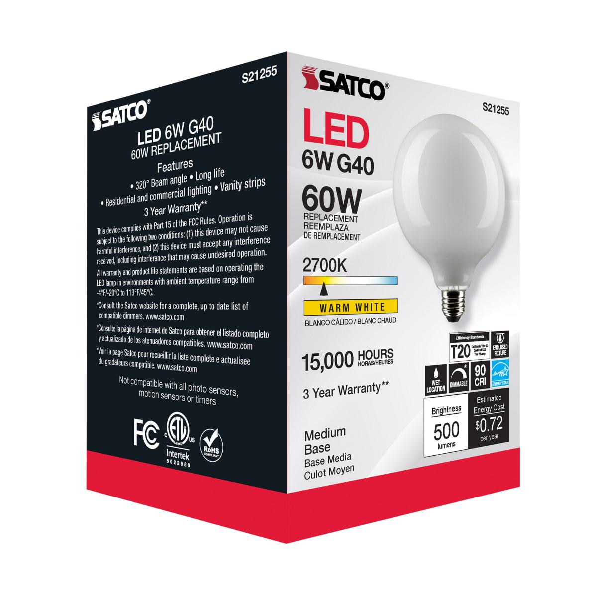 G40 LED Globe Bulb, 6 Watts, 500 Lumens, 60W Equal, 2700K, E26 Medium Base, Frosted