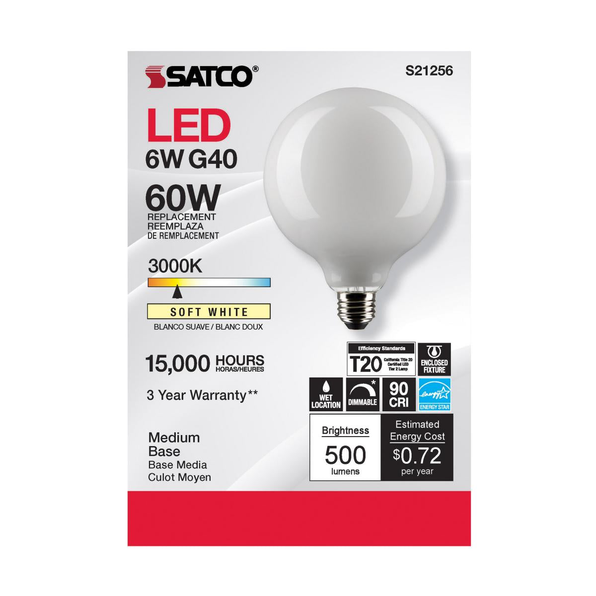 G40 LED Globe Bulb, 6 Watts, 500 Lumens, 60W Equal, 3000K, E26 Medium Base, Frosted