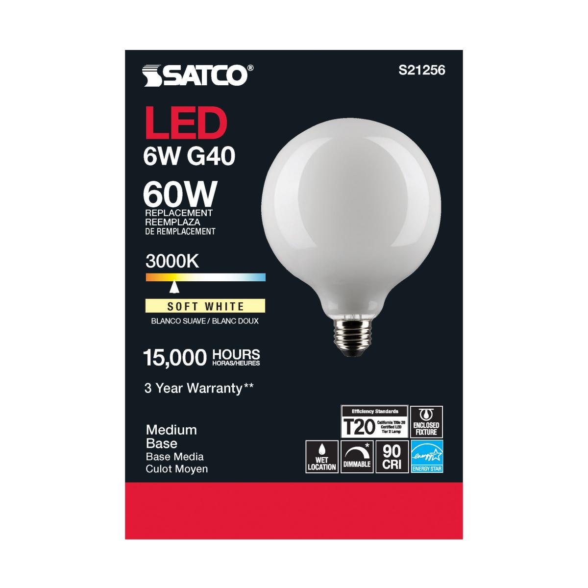 G40 LED Globe Bulb, 6 Watts, 500 Lumens, 60W Equal, 3000K, E26 Medium Base, Frosted