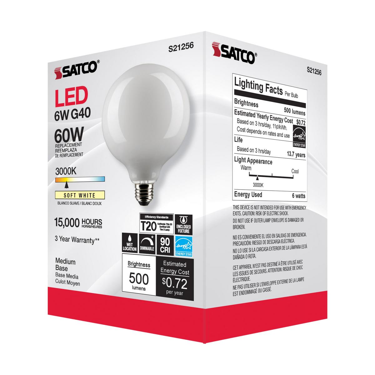 G40 LED Globe Bulb, 6 Watts, 500 Lumens, 60W Equal, 3000K, E26 Medium Base, Frosted