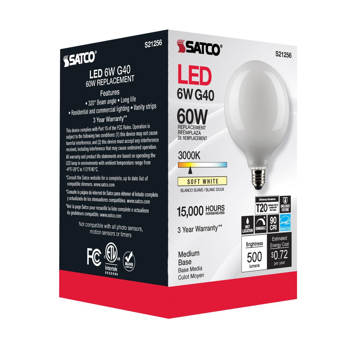 G40 LED Globe Bulb, 6 Watts, 500 Lumens, 60W Equal, 3000K, E26 Medium Base, Frosted