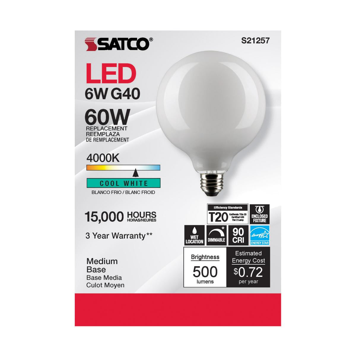 G40 LED Globe Bulb, 6 Watts, 500 Lumens, 60W Equal, 4000K, E26 Medium Base, Frosted