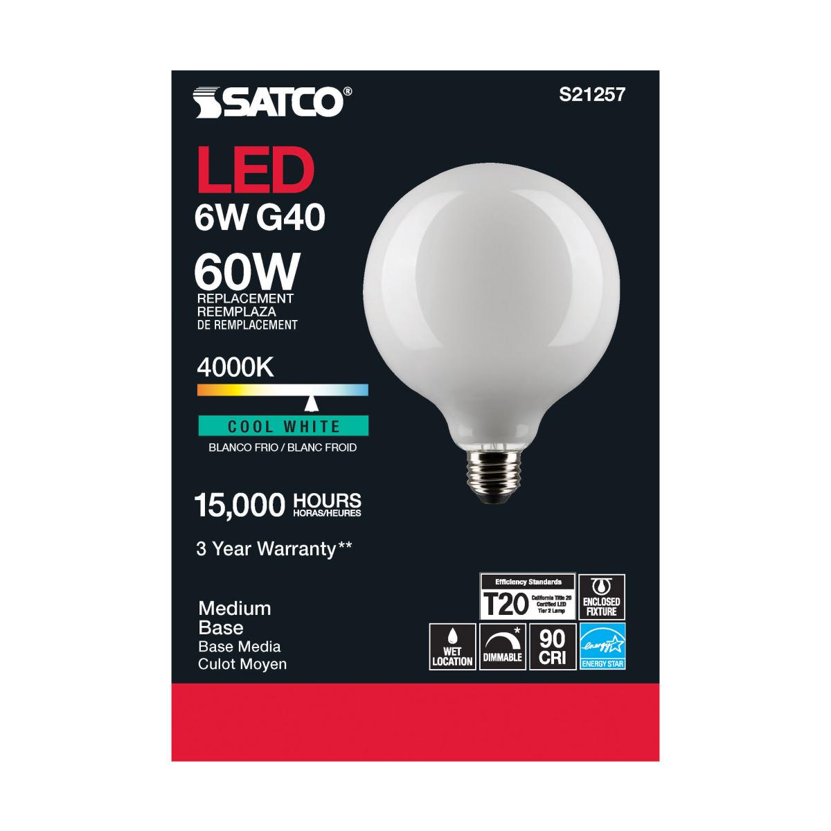 G40 LED Globe Bulb, 6 Watts, 500 Lumens, 60W Equal, 4000K, E26 Medium Base, Frosted