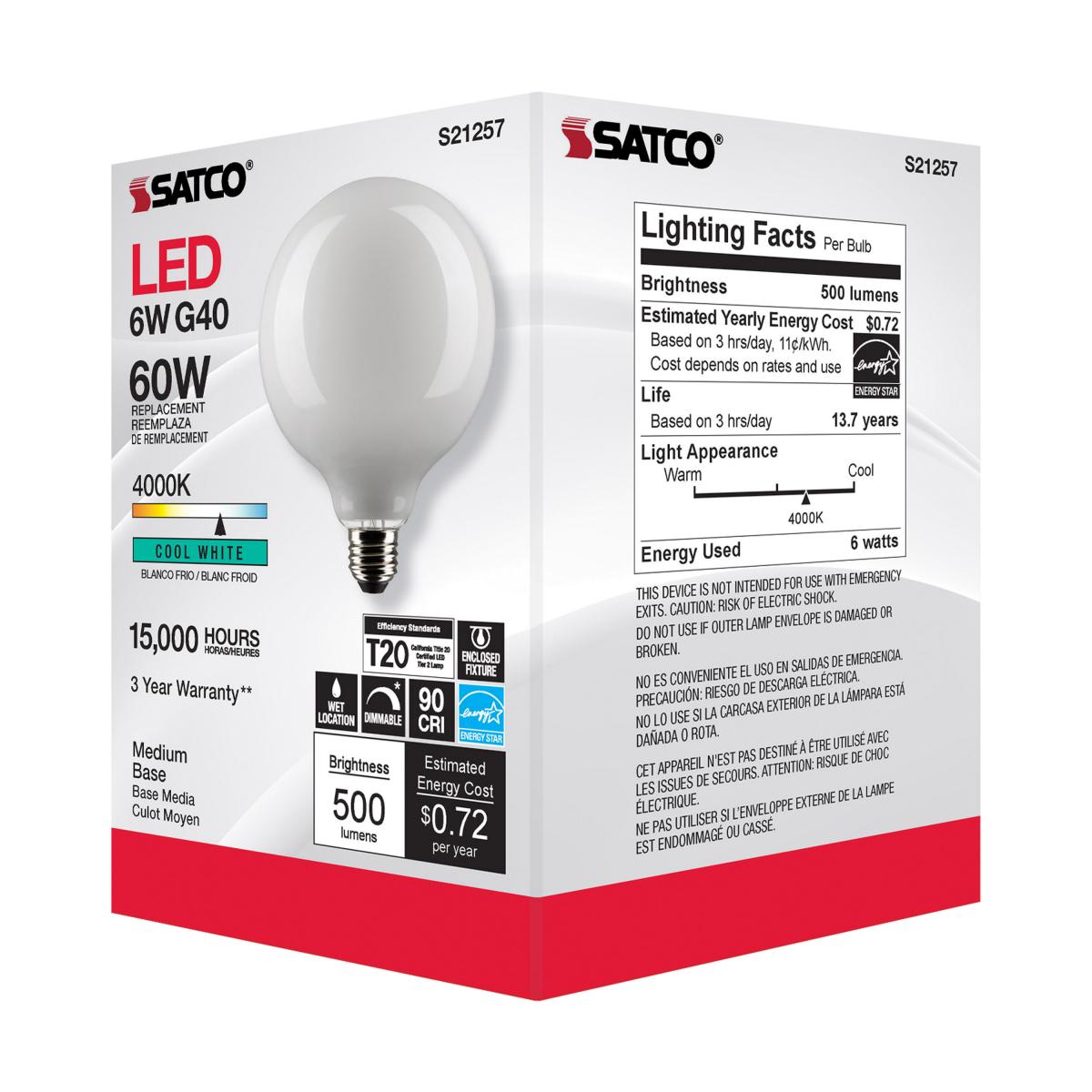 G40 LED Globe Bulb, 6 Watts, 500 Lumens, 60W Equal, 4000K, E26 Medium Base, Frosted