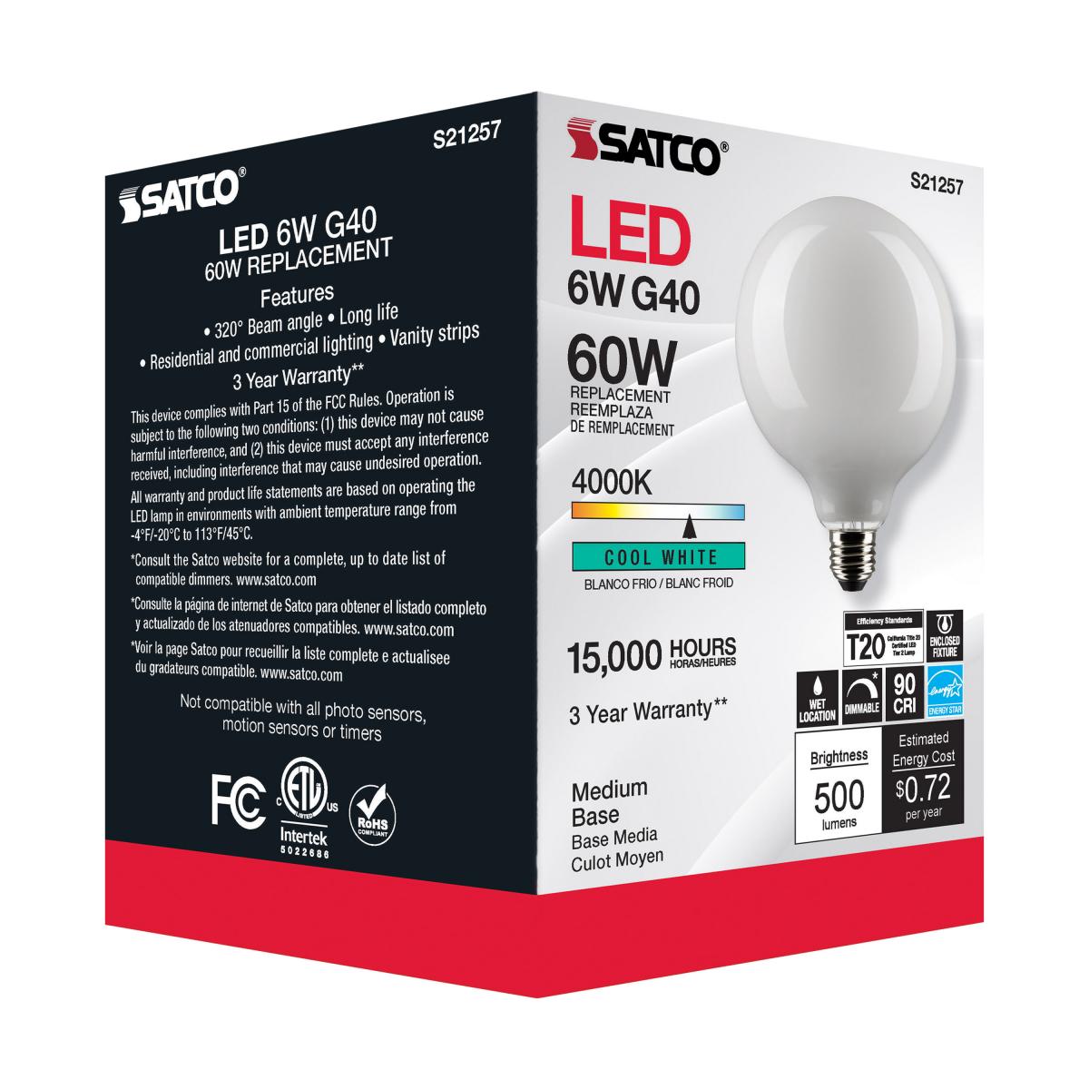 G40 LED Globe Bulb, 6 Watts, 500 Lumens, 60W Equal, 4000K, E26 Medium Base, Frosted